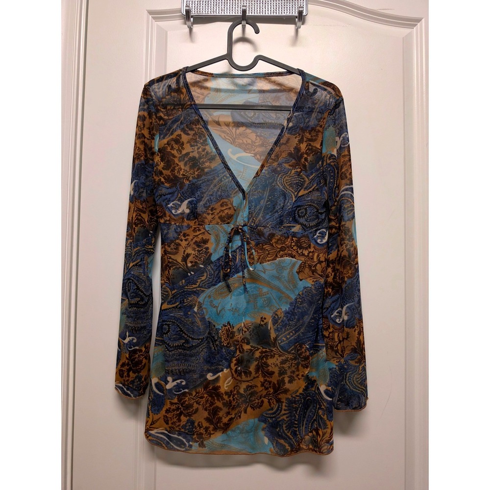 Vintage Blue Brown Paisley Sheer Mesh Tie Front V-Neck Long Sleeve Fairy Boho